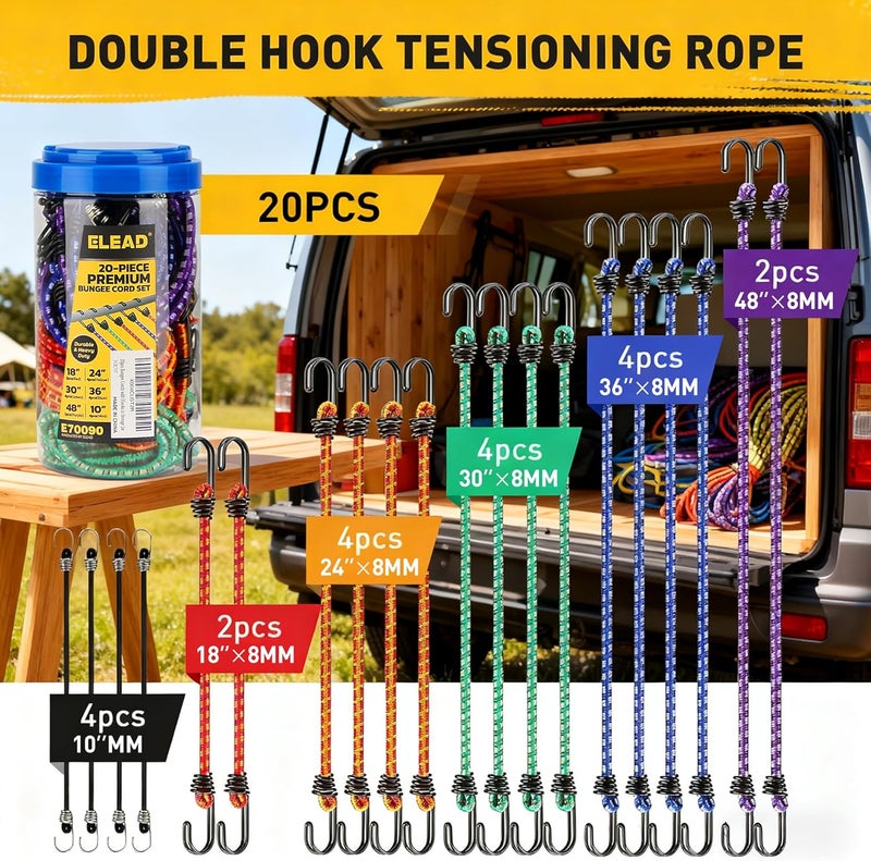 ELEAD Bungee Cords Heavy Duty Outdoor: 20 Pcs Premium Rubber Bungee Cords with Hooks in a Storage Jar Includes 10", 18", 24", 30", 36", 48" Bungee Cord for Camping, Tent, Fastening Items - Image 2